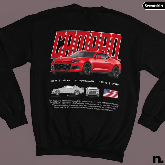 Black sweatshirt with red Camaro design and technical specifications on a gray background