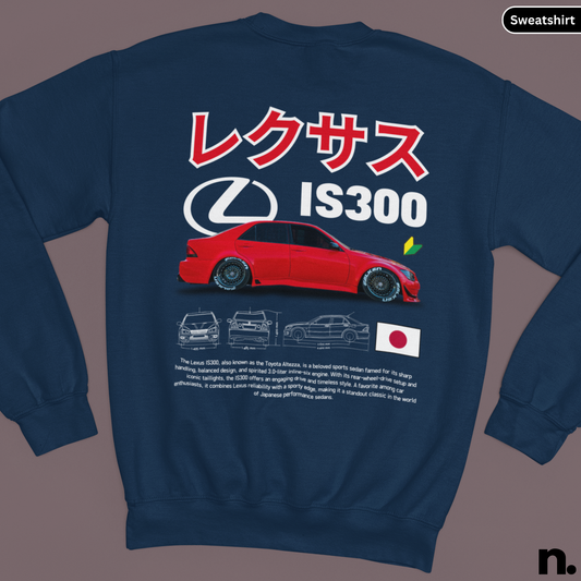 Navy blue sweatshirt with red Lexus IS300 graphic and Japanese text on a gray background