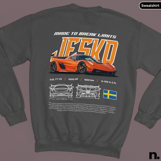 Gray sweatshirt with orange car design and text on a gray background