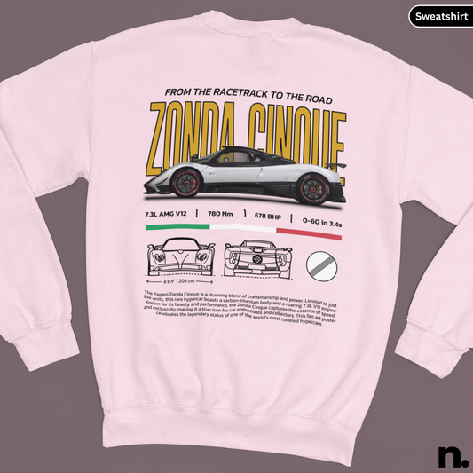 Pink sweatshirt with Zonda car design on a gray backgroud