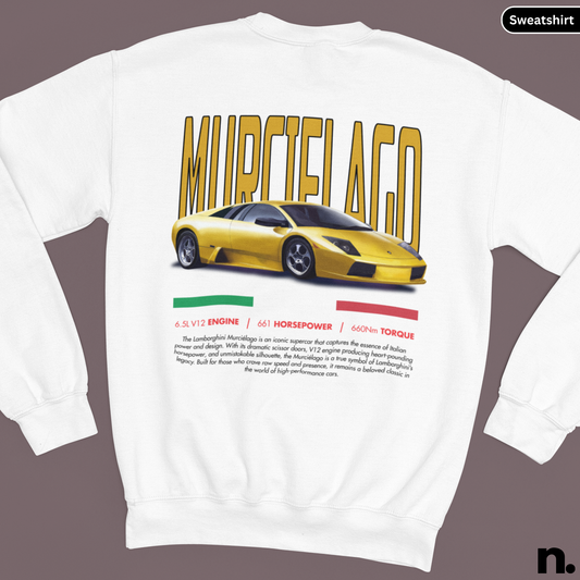 White sweatshirt with a yellow Lamborghini Murcielago design on the back, displayed against a dark background.