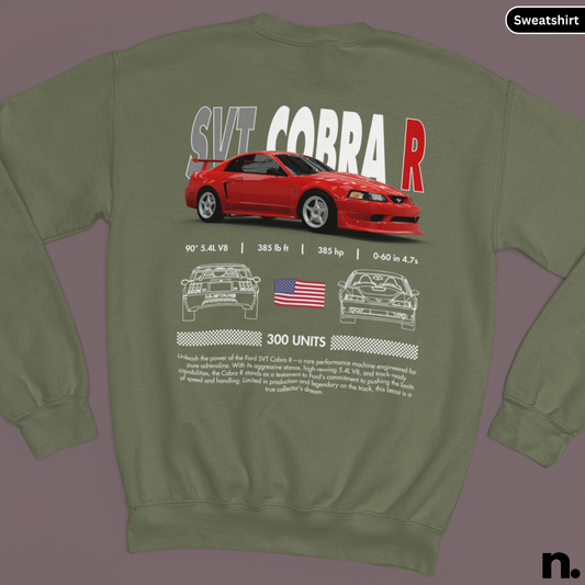 Green sweatshirt with red car design and text on a gray background