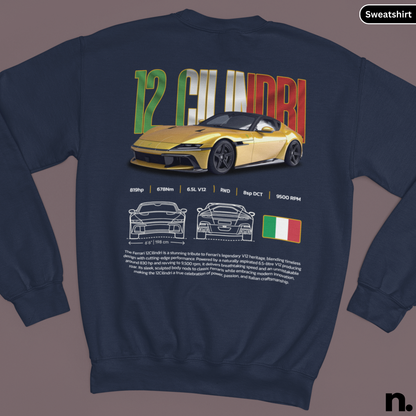 Automotive 12 cilindri poster style design sweatshirt front view
Navy colour