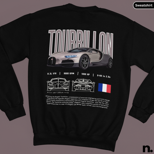 Black sweatshirt with a graphic of a car and text on the back, displayed against a gray background.