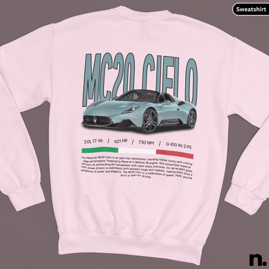 Pink sweatshirt with MC20 Cielo design on a gray background