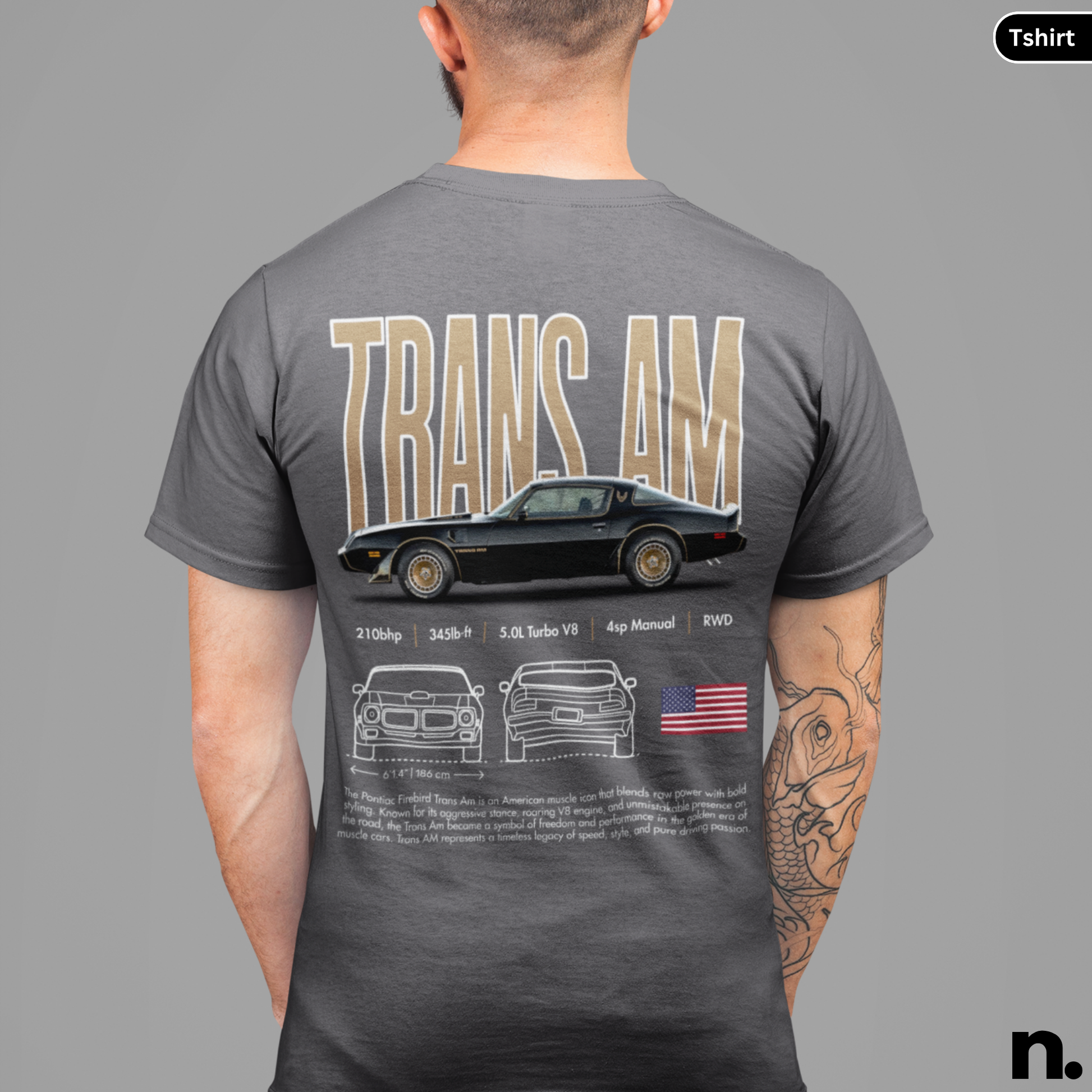 Gray t-shirt with 'TRANS AM' design on the back, featuring a car illustration and text.