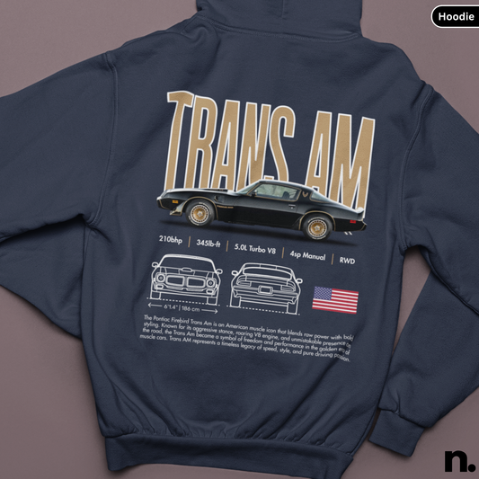 Navy hoodie with 'Trans Am' graphic design on a brown background