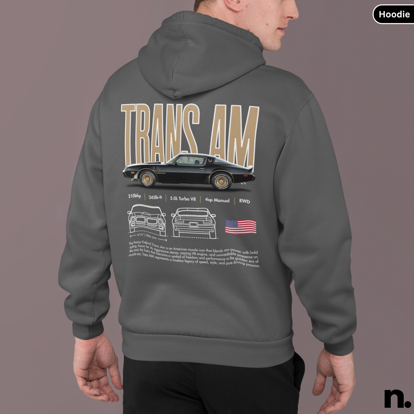 Person wearing a hoodie with 'TRANS AM' design on the back against a gray background