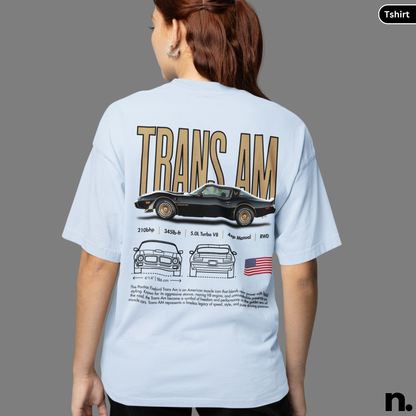 Light blue t-shirt with 'TRANS AM' graphic on the back, featuring a car design and text.