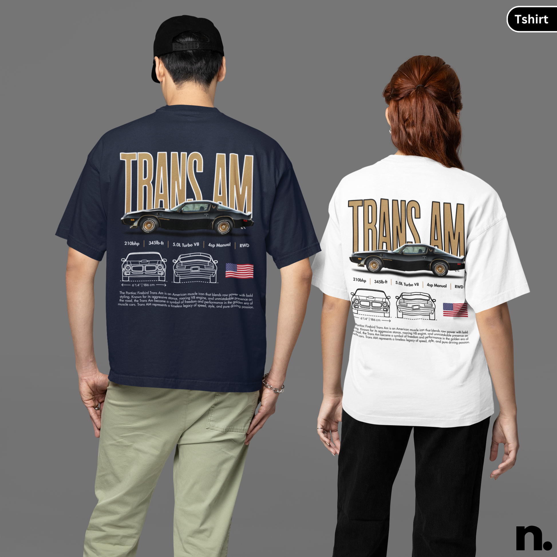 Two people wearing 'Trans Am' themed t-shirts, one navy and one white, on a gray background.