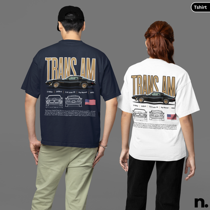 Two people wearing 'Trans Am' themed t-shirts, one navy and one white, on a gray background.