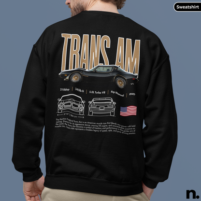 Black sweatshirt with 'TRANS AM' design on the back, featuring a car illustration and text.