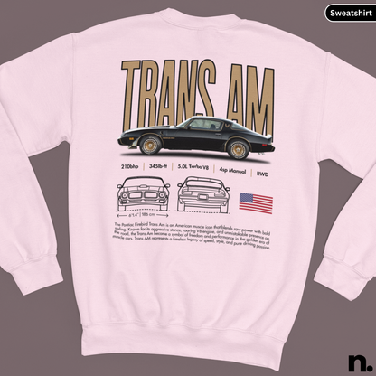 Pink sweatshirt with 'TRANS AM' graphic and car illustrations on a dark background