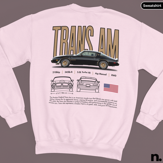 Pink sweatshirt with 'TRANS AM' graphic and car illustrations on a dark background