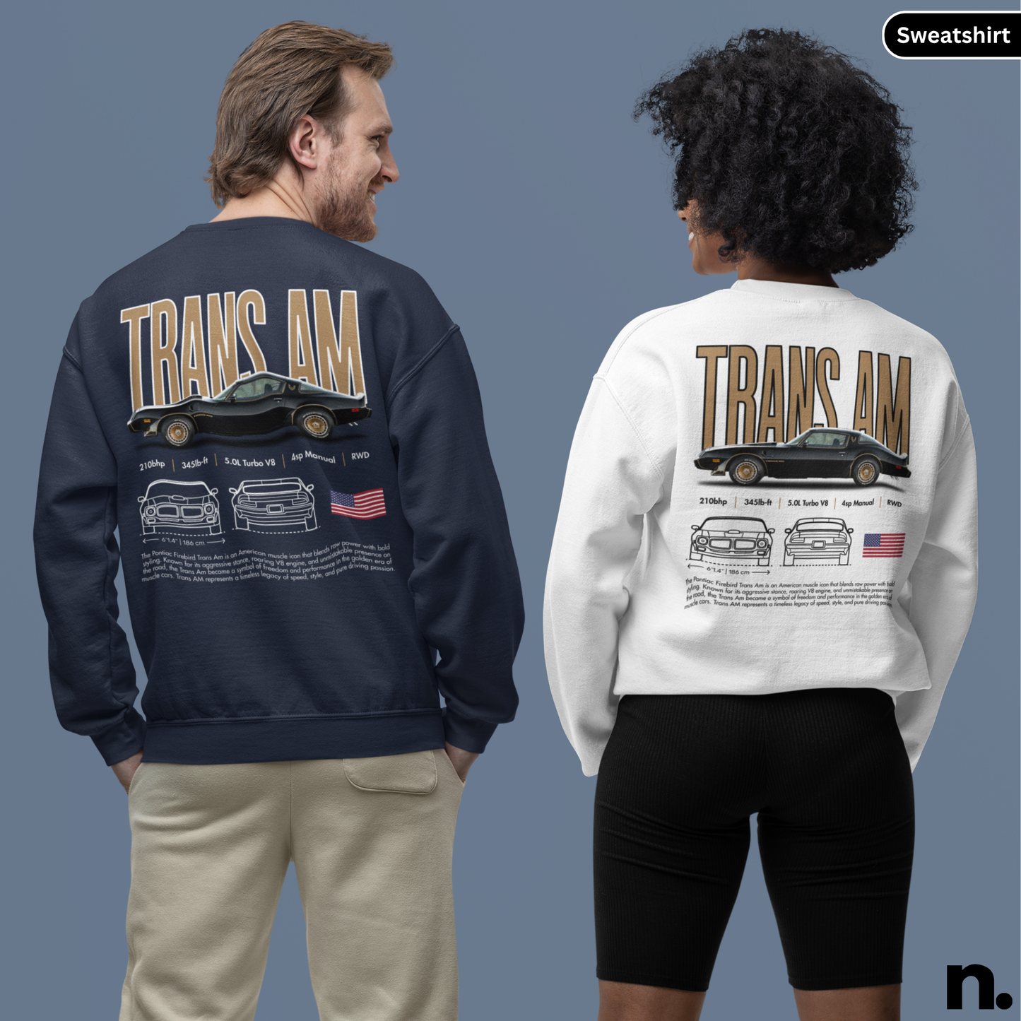 Two people wearing sweatshirts with a red car design on the back, one navy and one white, on a gray background.
