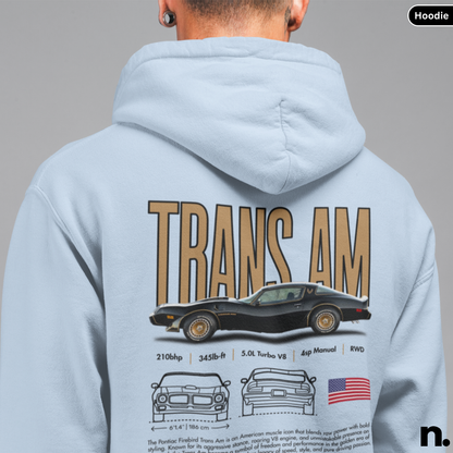 Light blue hoodie with 'TRANS AM' design on the back, featuring a car illustration and text.