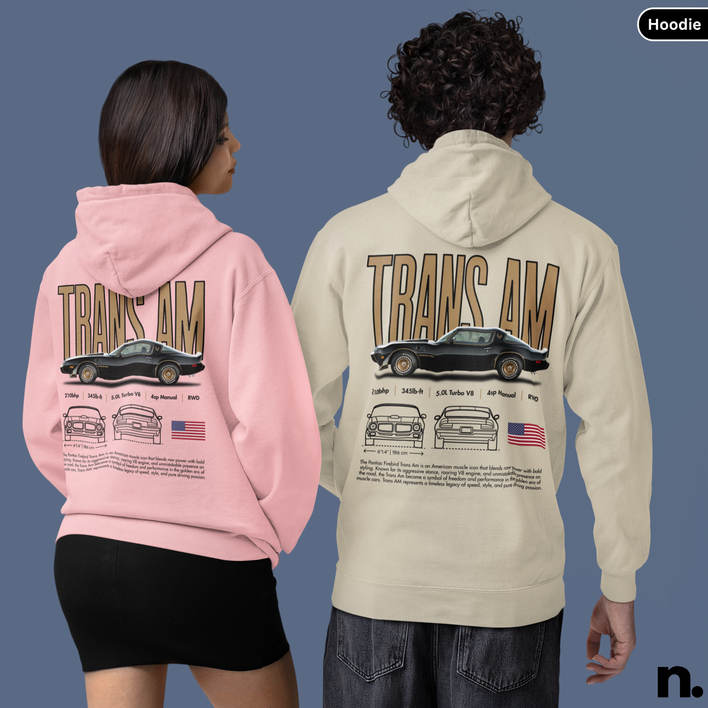 Two people wearing pink and beige hoodies with 'Trans Am' graphic design on a blue background.