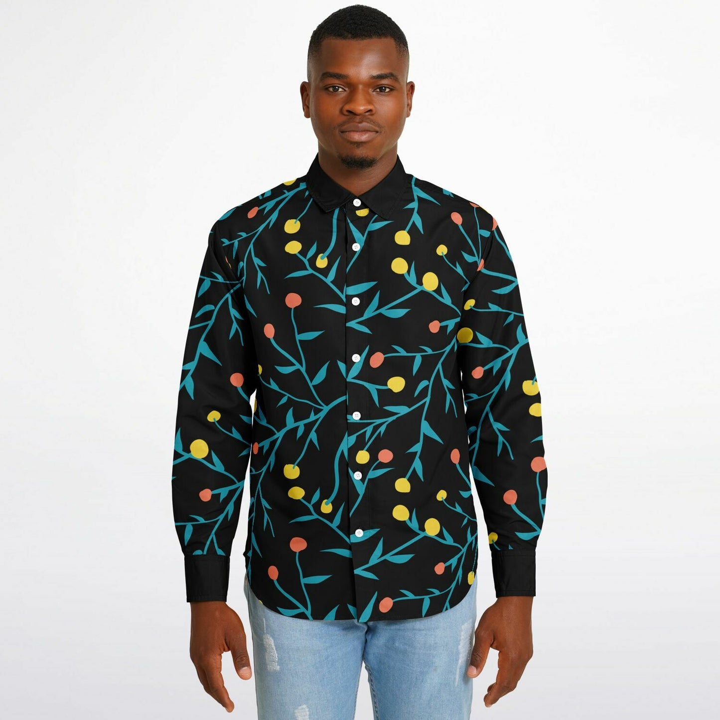 Tropical Pattern Long Sleeve Button Down Shirt - AOP