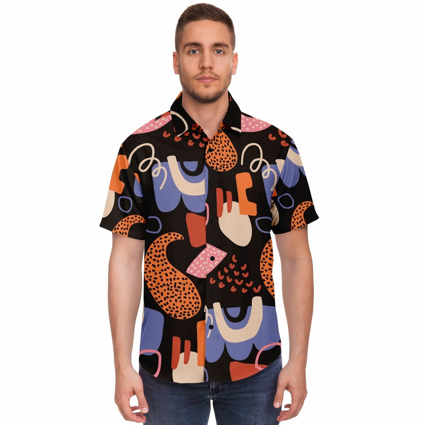Abstract Flat Artwork Short Sleeve Button Down Shirt - AOP