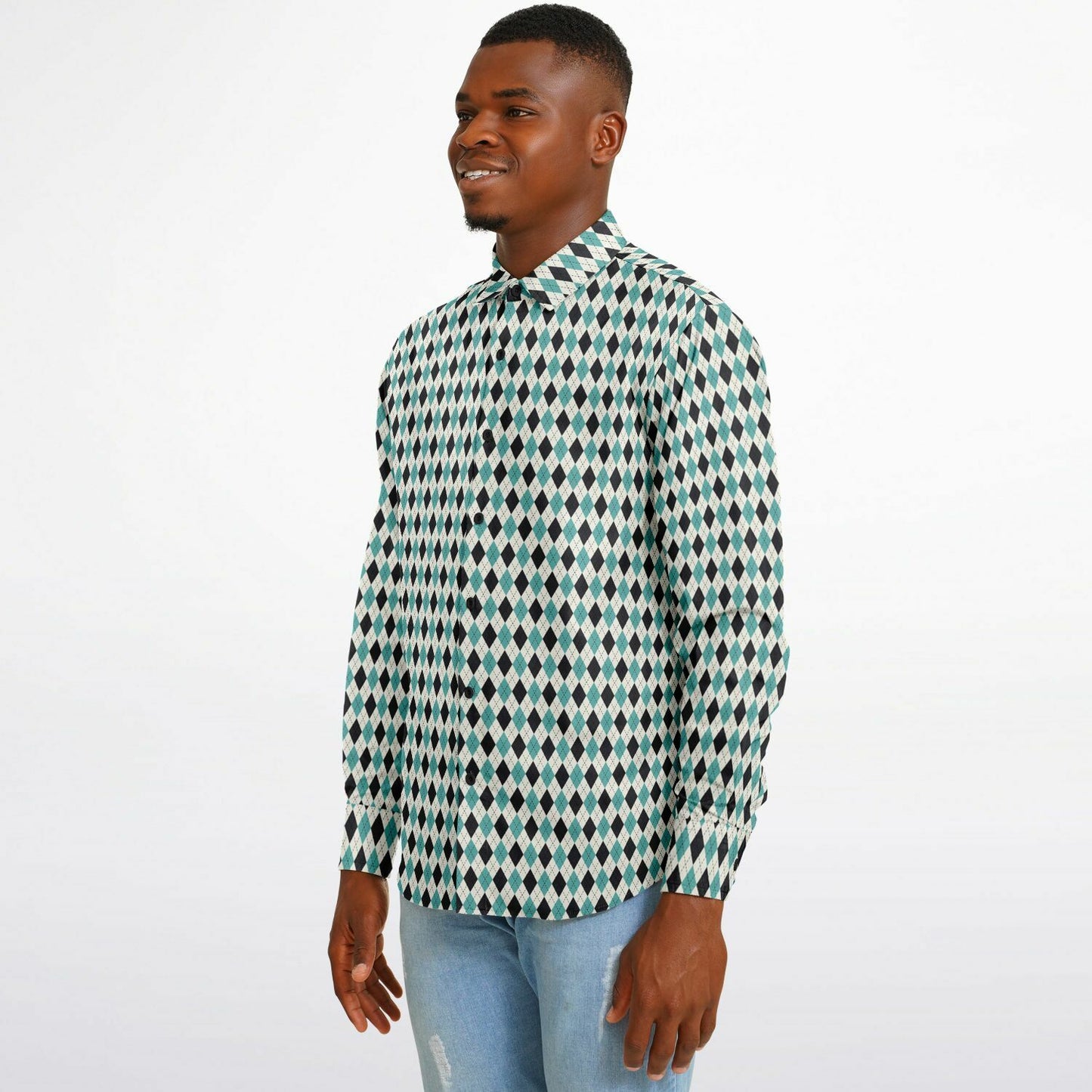 Tile Pattern Long Sleeve Button Down Shirt - AOP