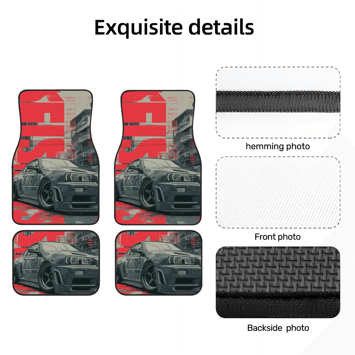 Car floor mats with red and black design featuring a car, hemming photo, front photo, backside photo, and texture photo.