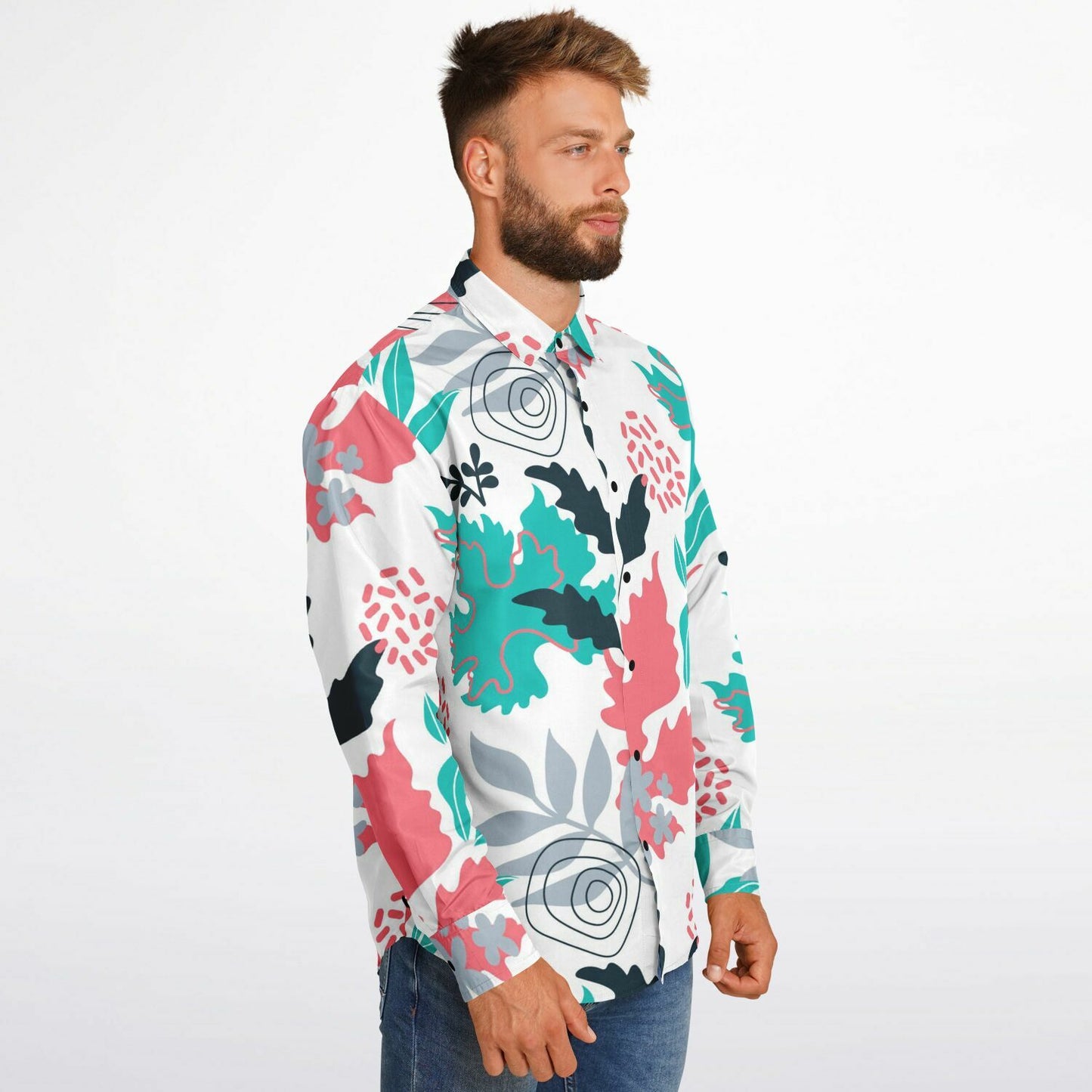 Floral Artwork Long Sleeve Button Down Shirt - AOP