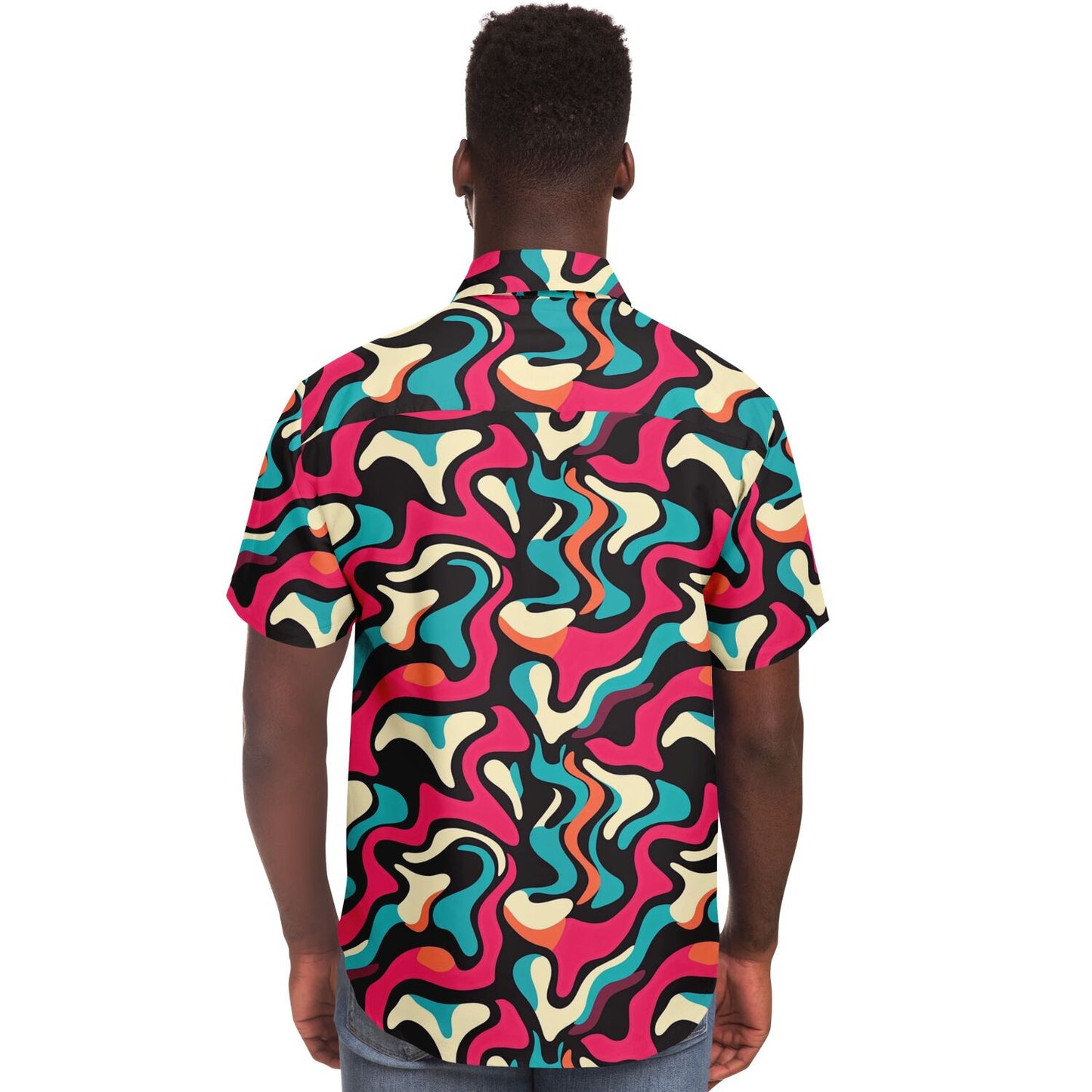 Red Blue Pattern Short Sleeve Button Down Shirt - AOP