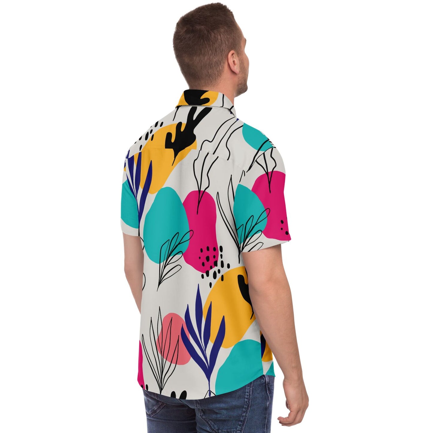 Abstract Floral Colored Pattern Short Sleeve Button Down Shirt - AOP
