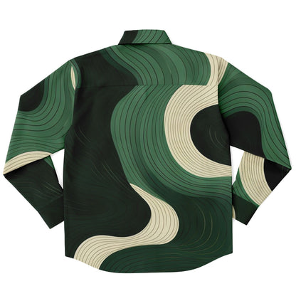 Royal Green Waves Pattern Long Sleeve Button Down Shirt - AOP