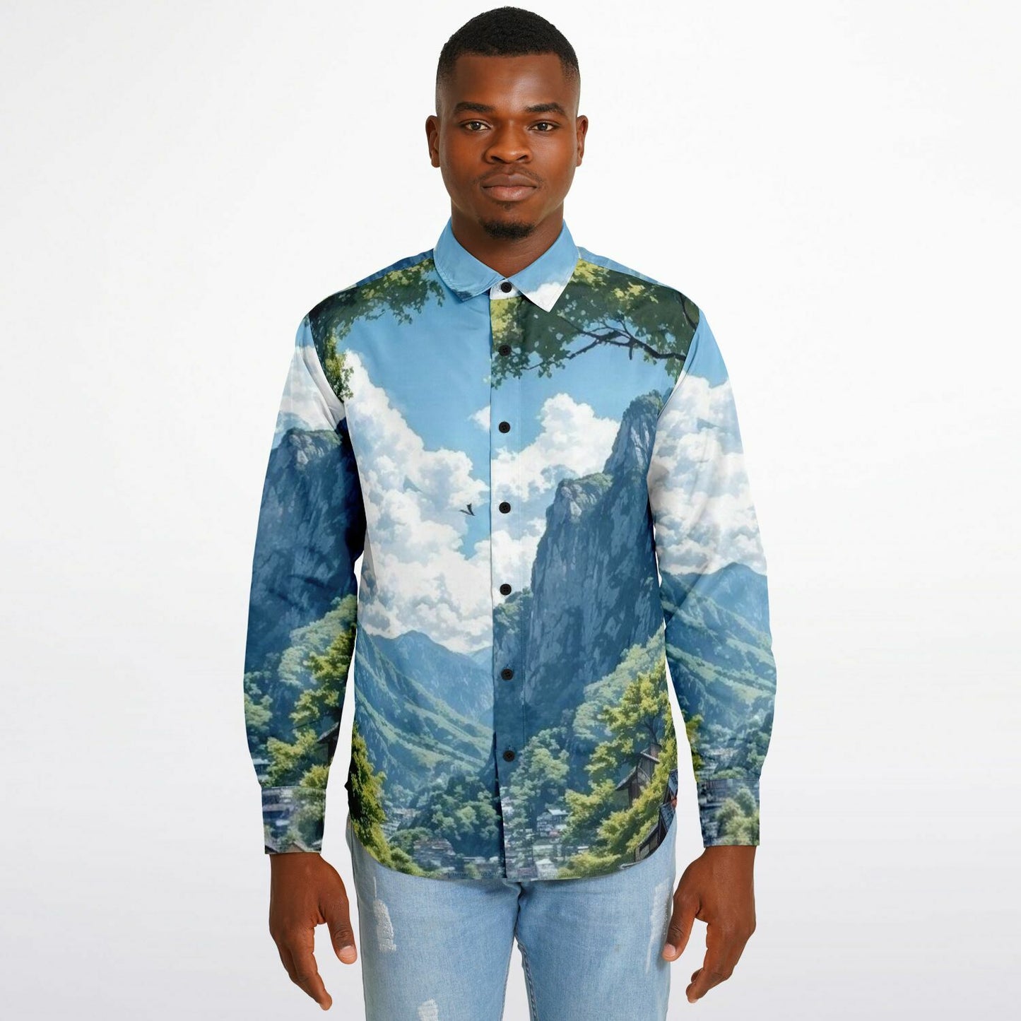 GTR in Japanese Mountain Long Sleeve Button Down Shirt - AOP