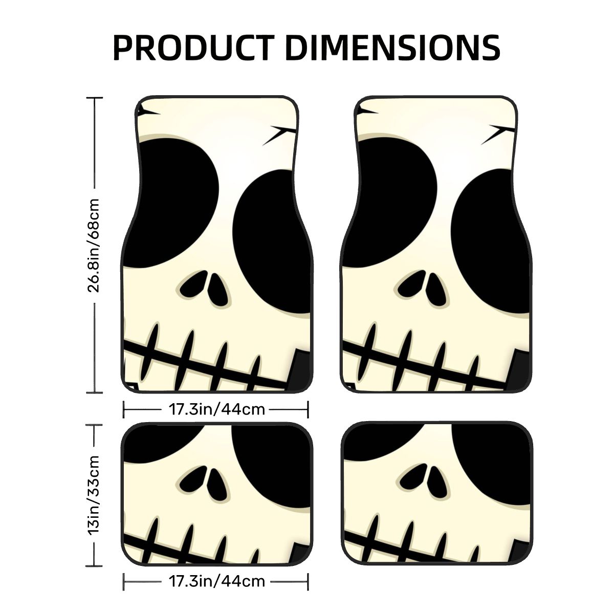 Product dimensions chart with skull design on a white background