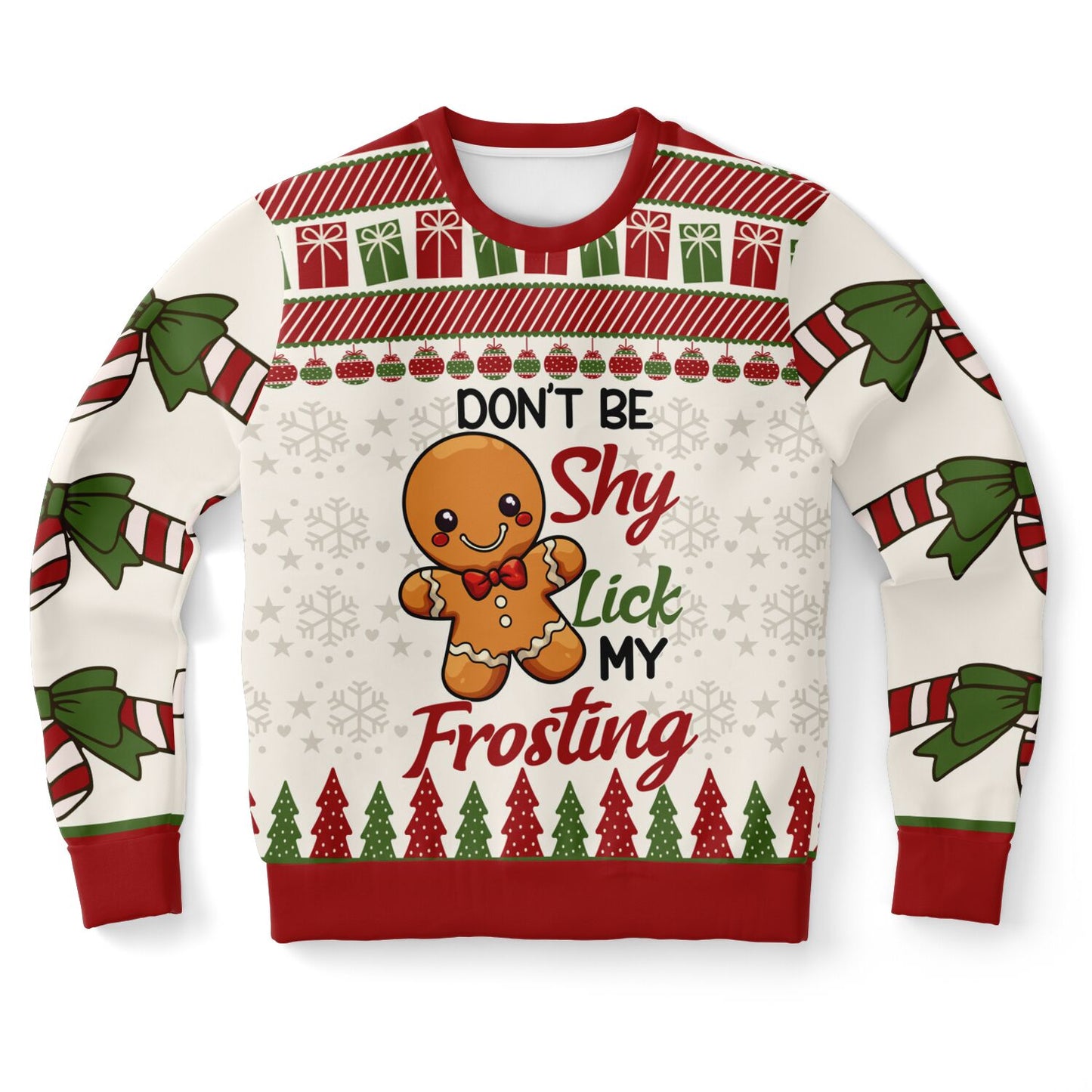 Christmas-themed sweater with gingerbread man and festive design on a white background