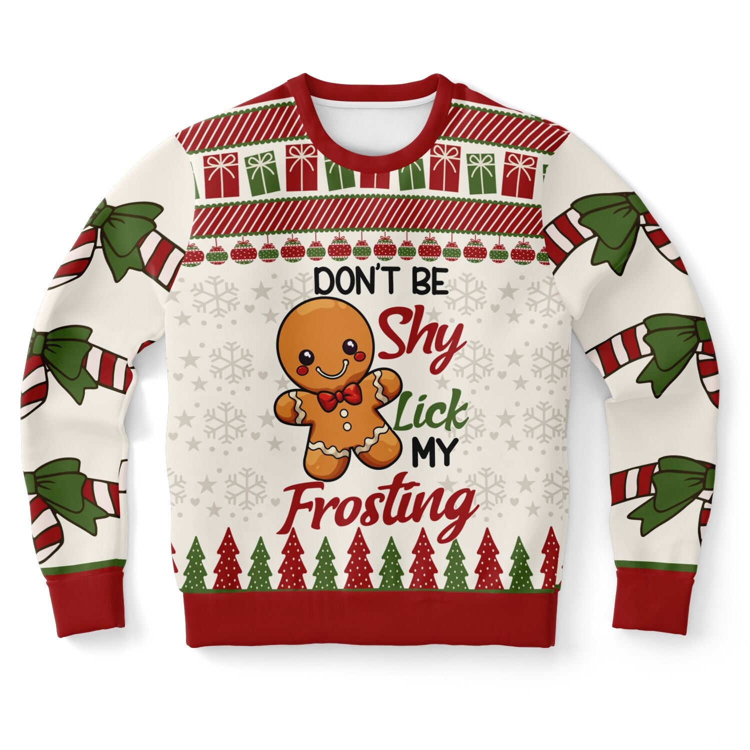 Christmas-themed sweater with gingerbread man and festive design on a white background