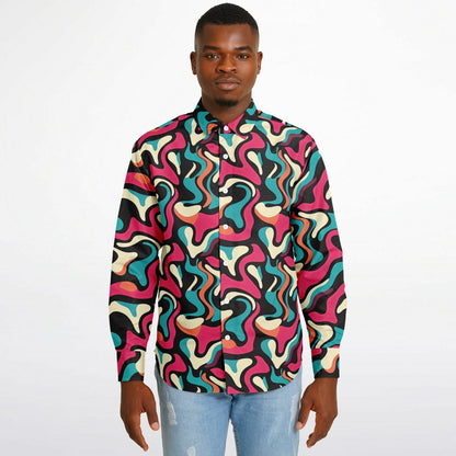 Red Blue Pattern Long Sleeve Button Down Shirt - AOP