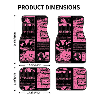 Initial D pink automotive floor mats product dimensions image.