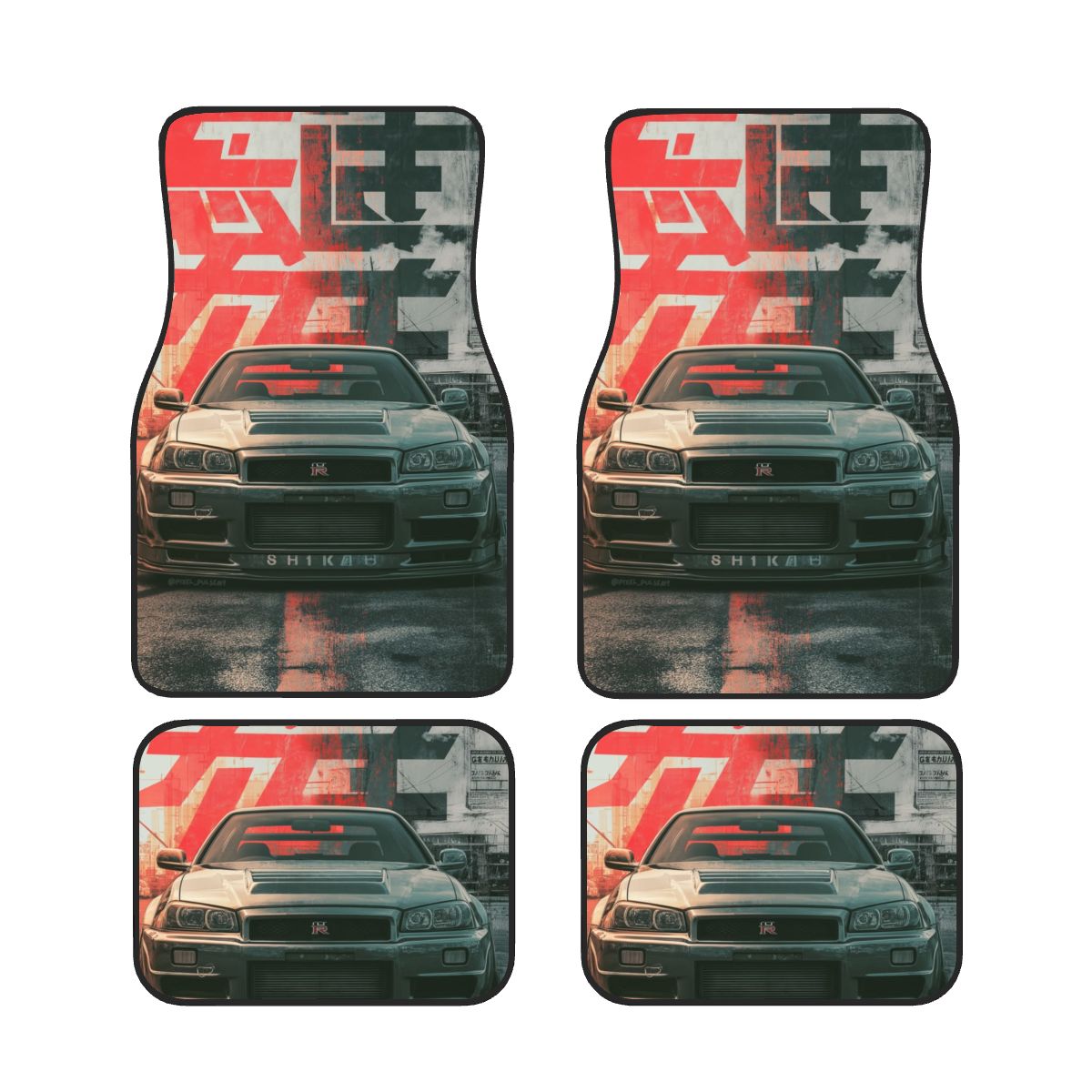 Four car floor mats with a car design and text on a white background