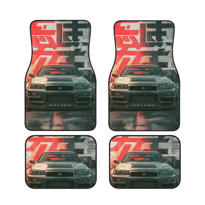 Four car floor mats with a car design and text on a white background