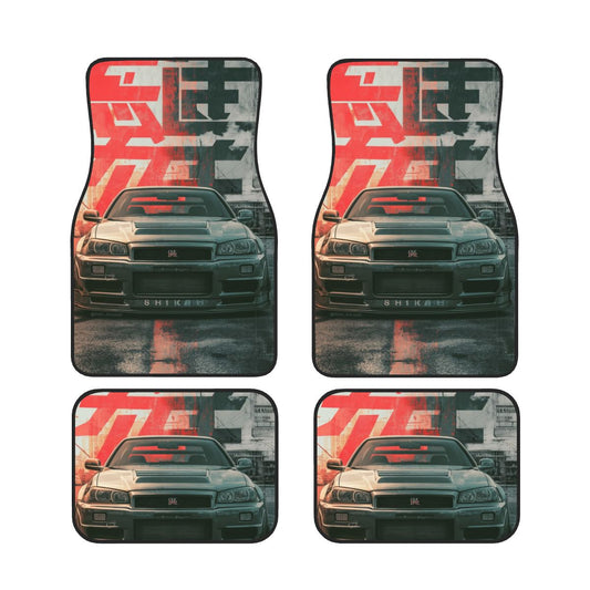 Four car floor mats with a car design and text on a white background