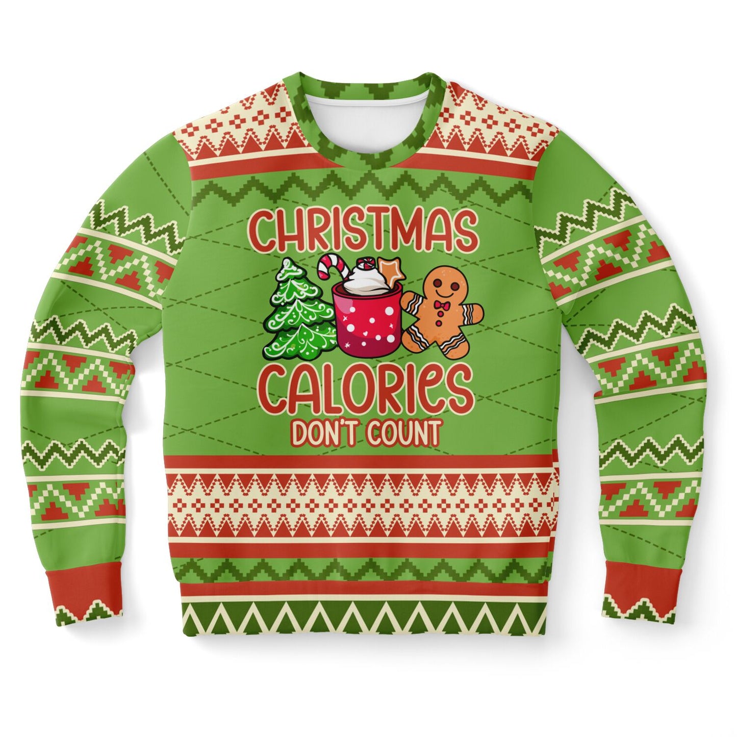 Green Christmas sweater with festive design and text on a white background