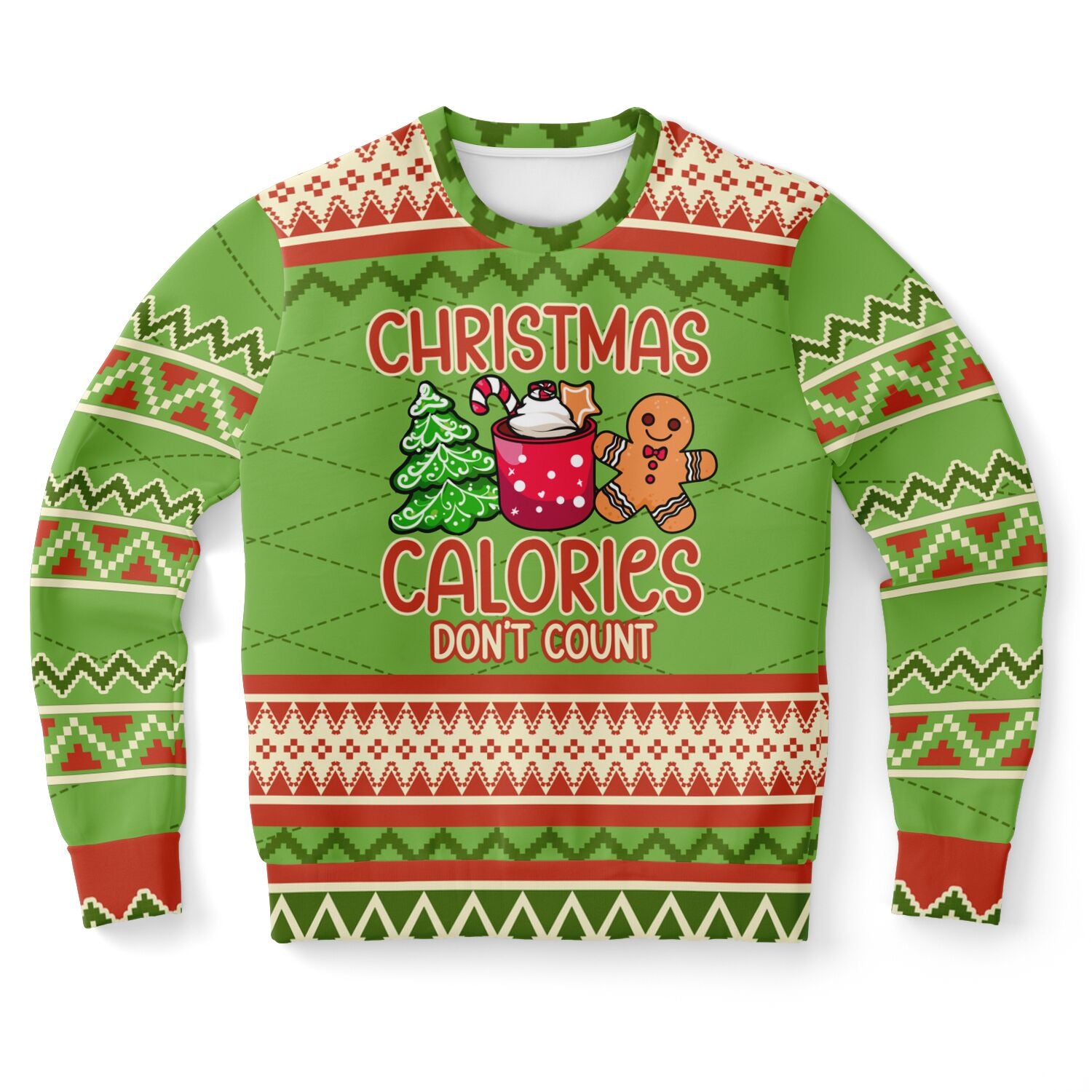 Green Christmas sweater with festive design and text on a white background