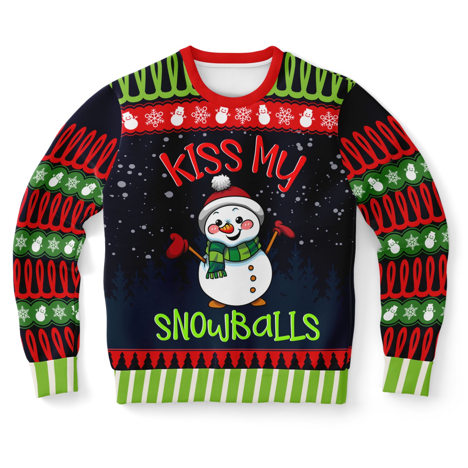 Christmas sweater with snowman design and text 'Kiss My Snowballs' on a white background