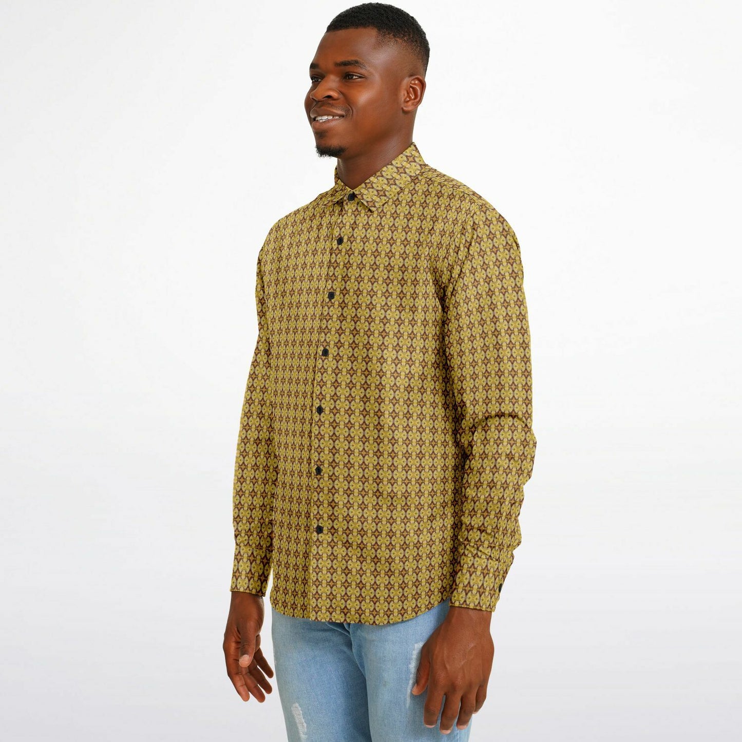 Unique Golden Pattern Long Sleeve Button Down Shirt - AOP