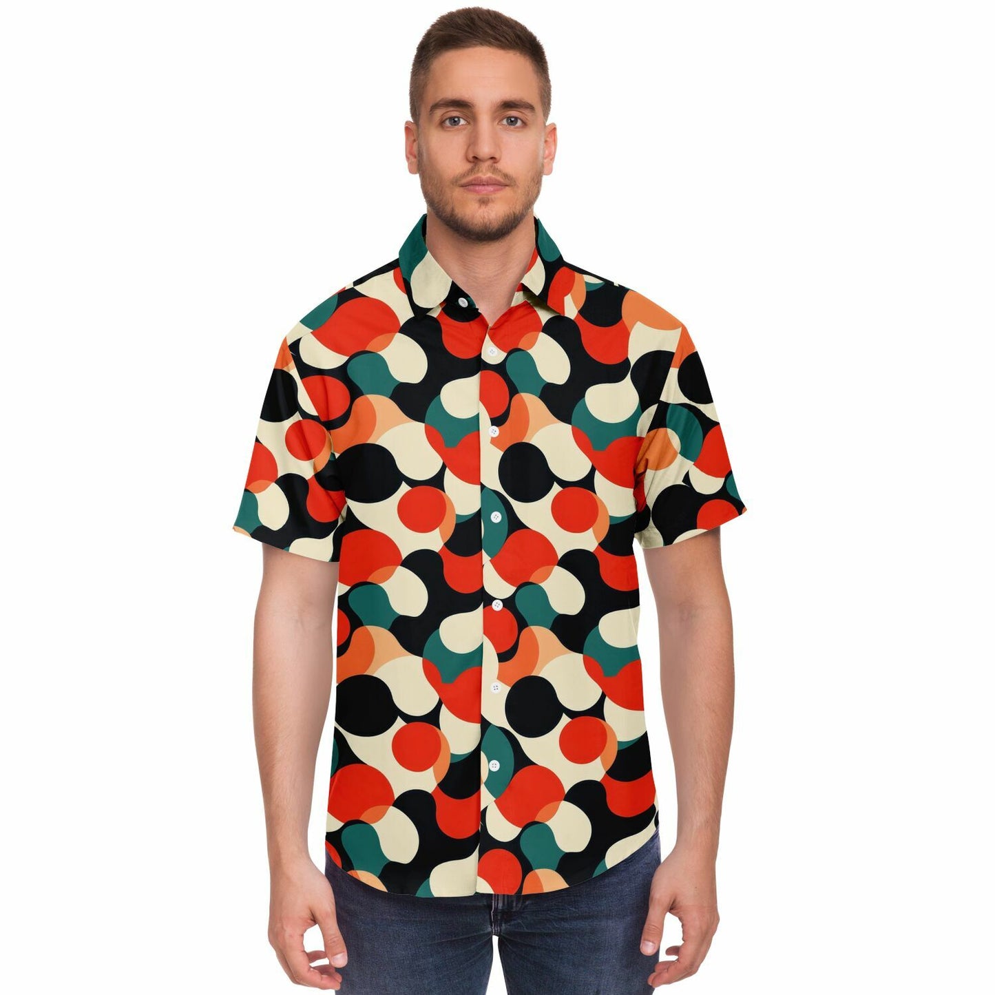 Abstract Color Pattern Short Sleeve Button Down Shirt - AOP