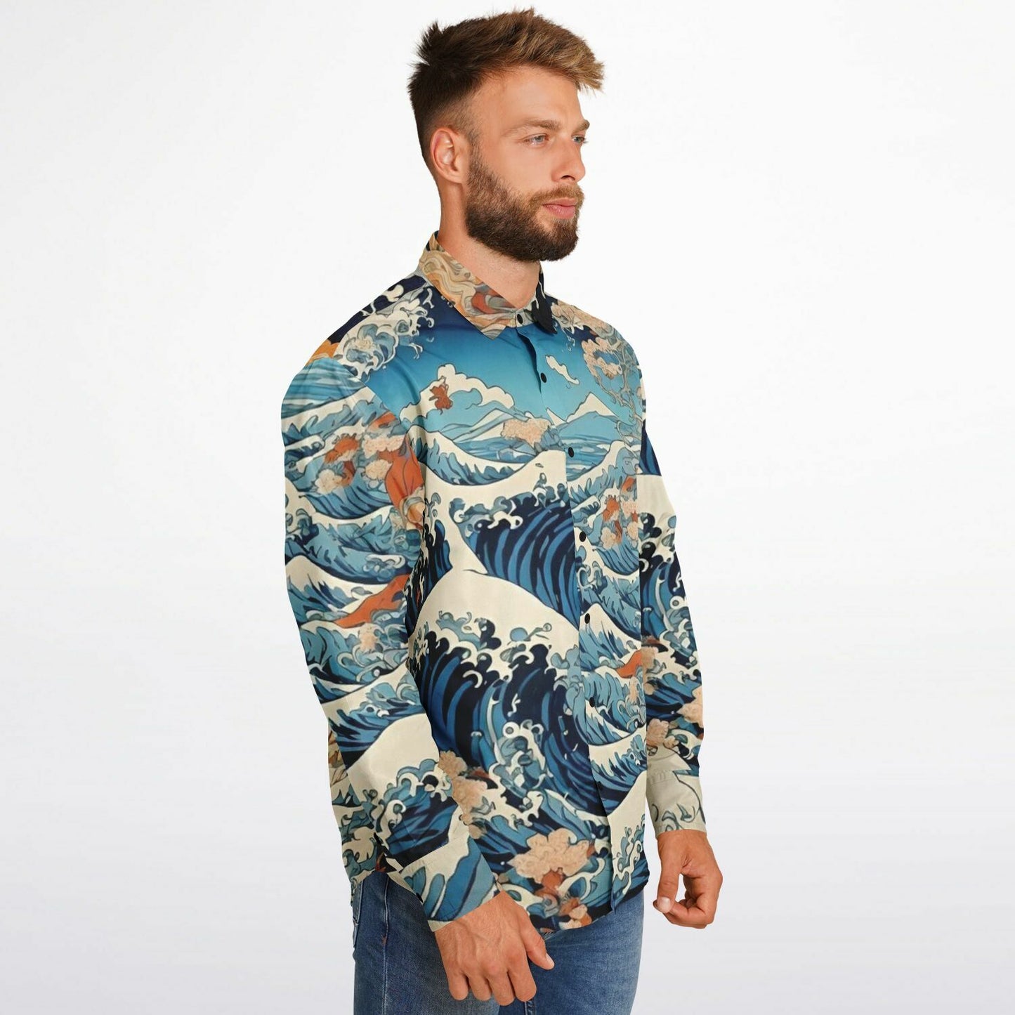 The Great Japanese Wave Artwork Long Sleeve Button Down Shirt - AOP