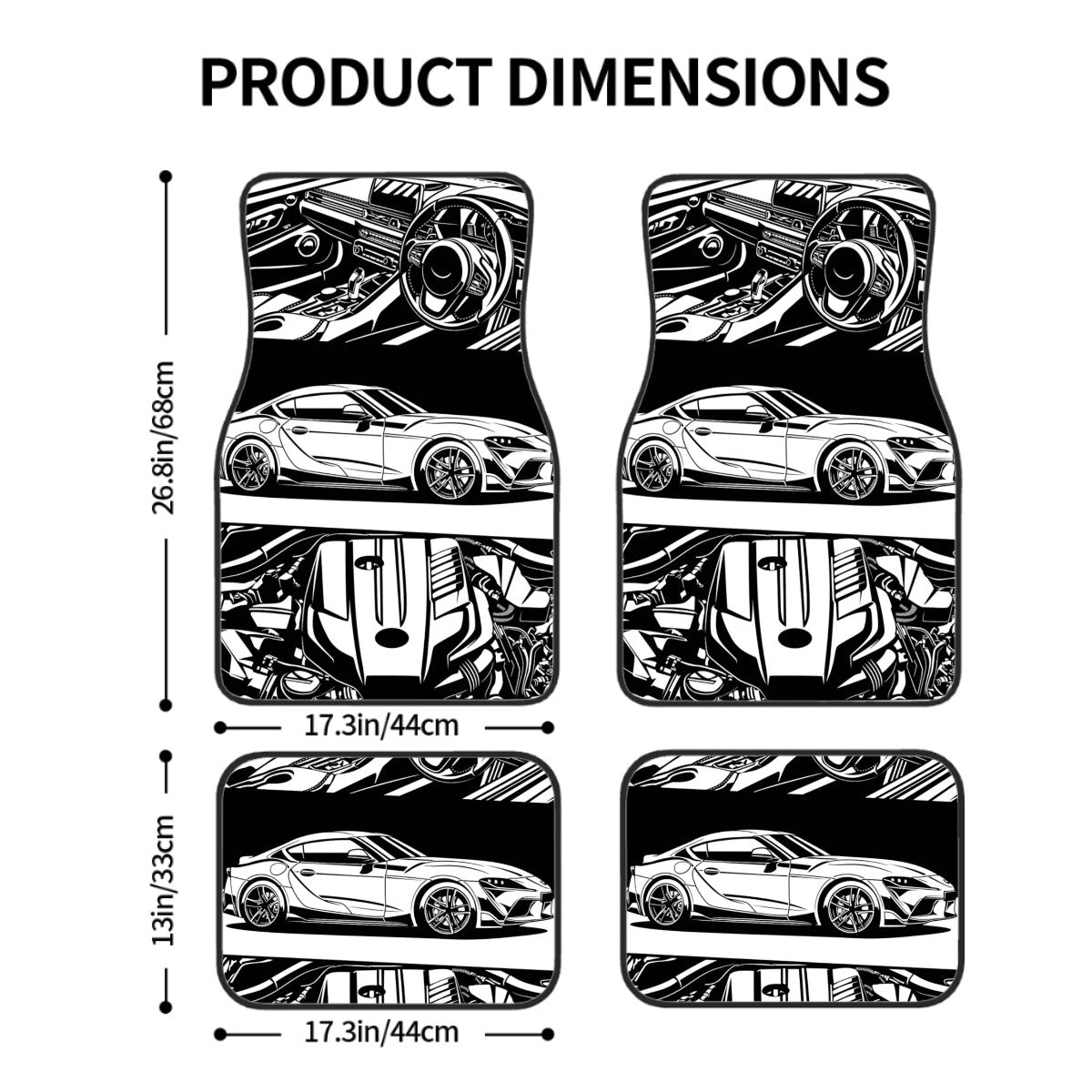 Mk5 supra black and white illustration poster car floor mats sizing chart.