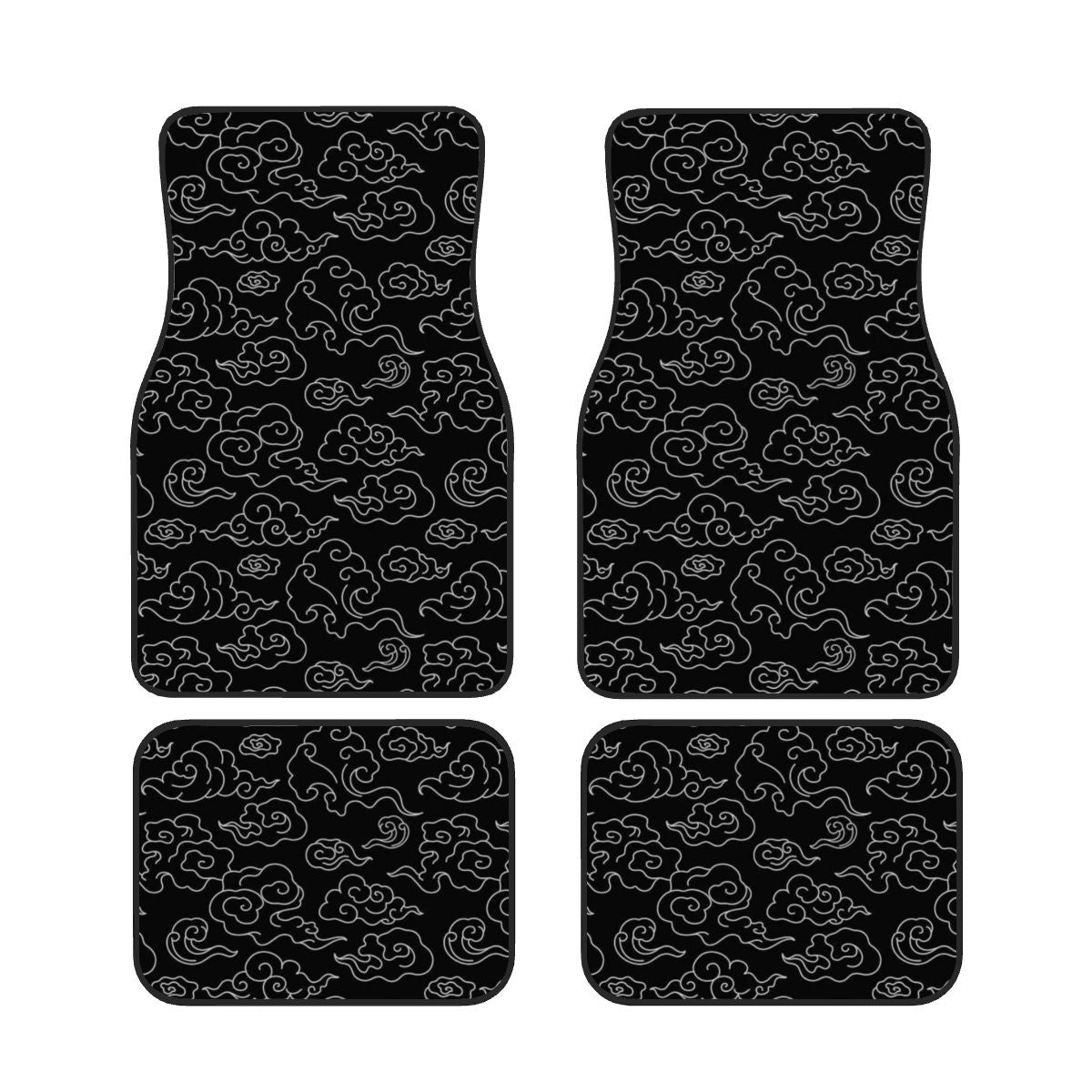 Four black car floor mats with white cloud pattern on a white background