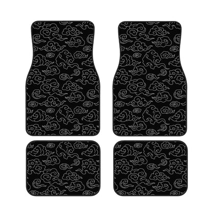 Four black car floor mats with white cloud pattern on a white background