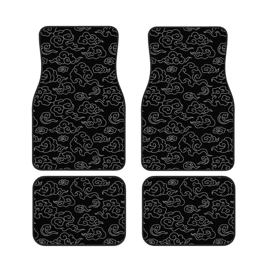Four black car floor mats with white cloud pattern on a white background