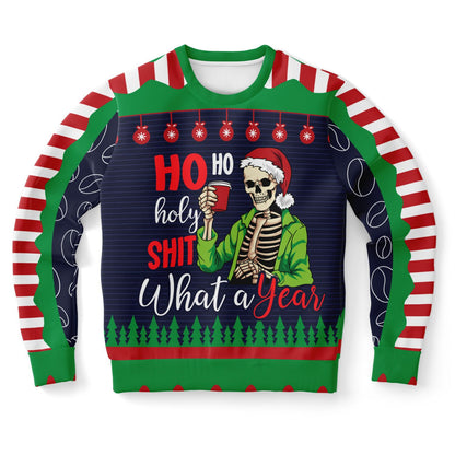 Ugly Christmas sweater with skeleton wearing a Santa hat and text 'Ho Ho holy shit What a Year' on a white background.