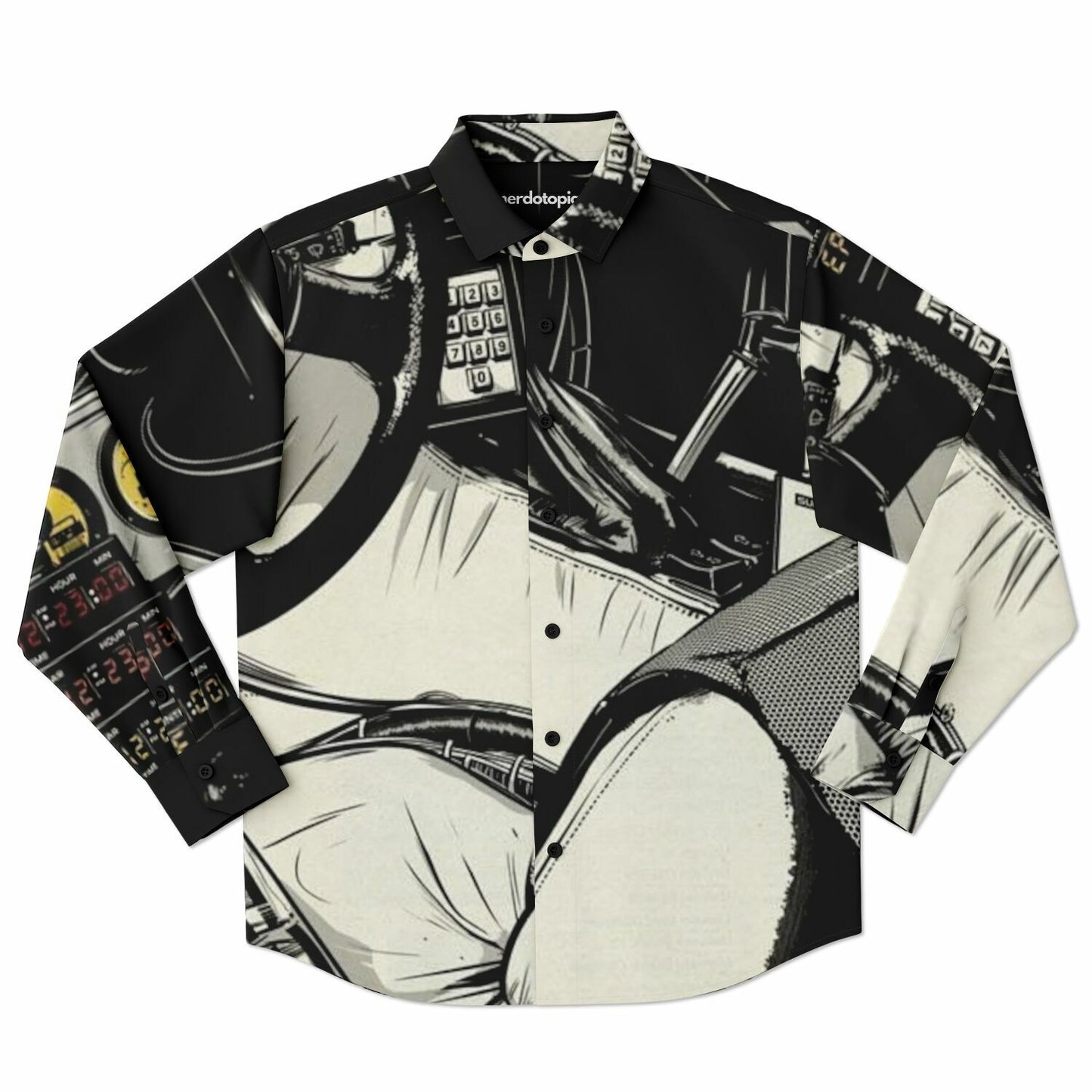 Delorean Time Machine Illustration Long Sleeve Button Down Shirt - AOP